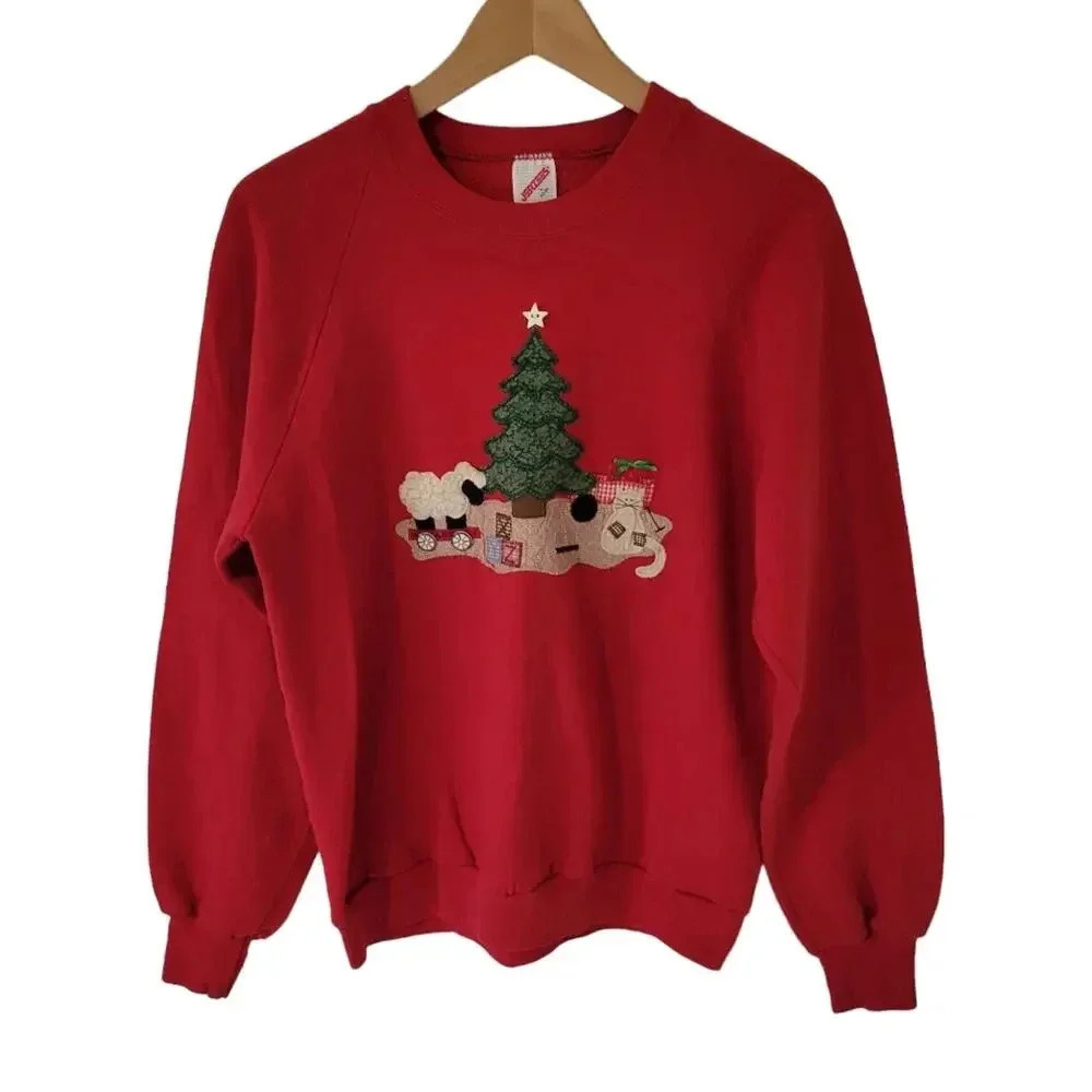 Vintage 1990s Christmas Patchwork Quilted Granny Red Sweatshirt Medium